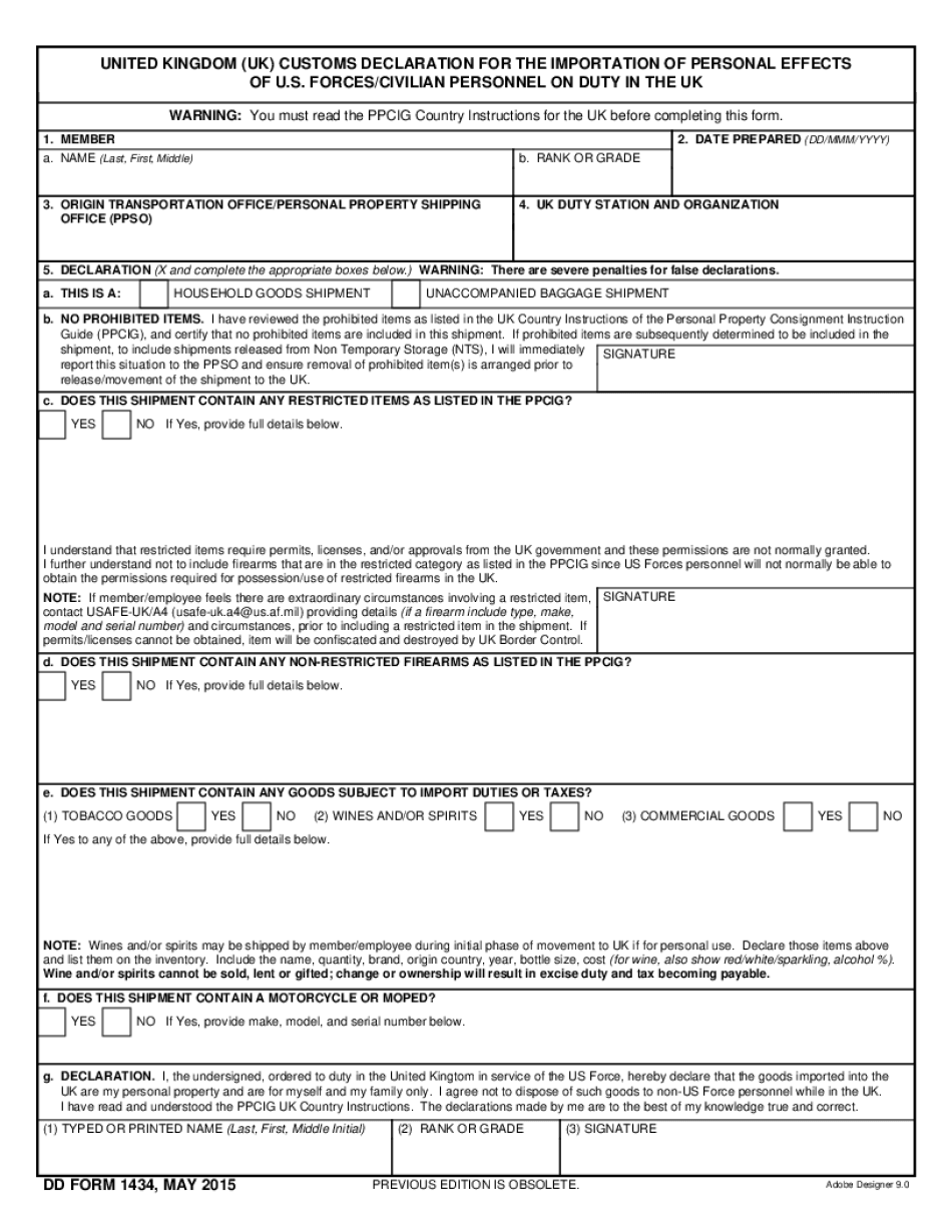 1434 Customs Declaration Form Fill Out And Sign Printable PDF 