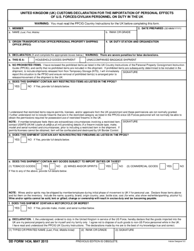 1434 Customs Declaration Form Fill Out And Sign Printable PDF 