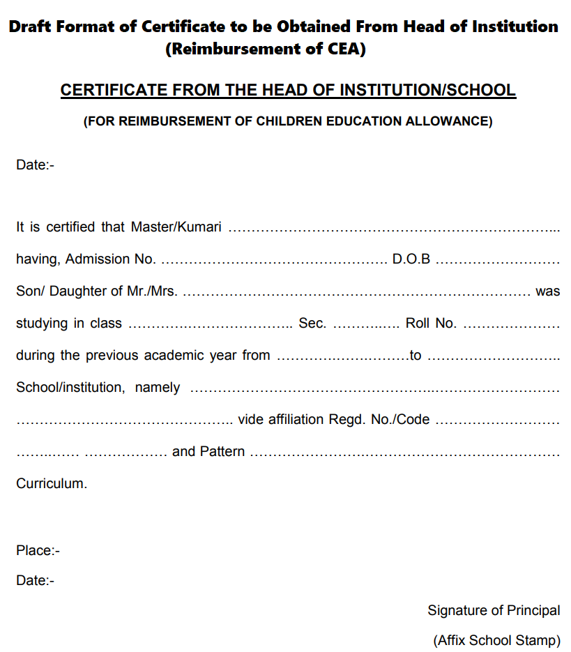 7th CPC CEA Certificate From The Head Of Institution School Format 