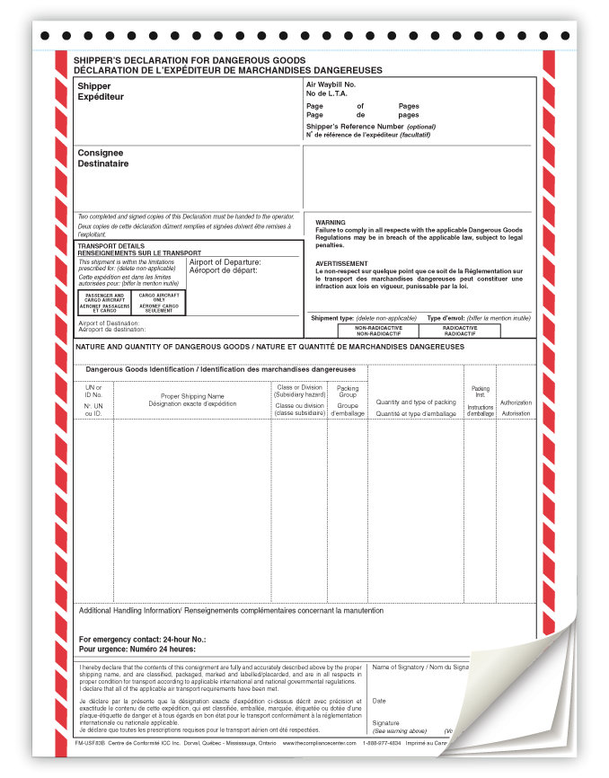 Air Declaration Form 4 Part NCR Bilingual English French 100 Pack