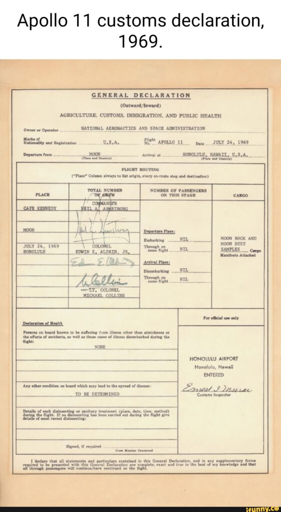 Apollo 11 Customs Declaration 1969 GENERAL DECLARATION Outward 