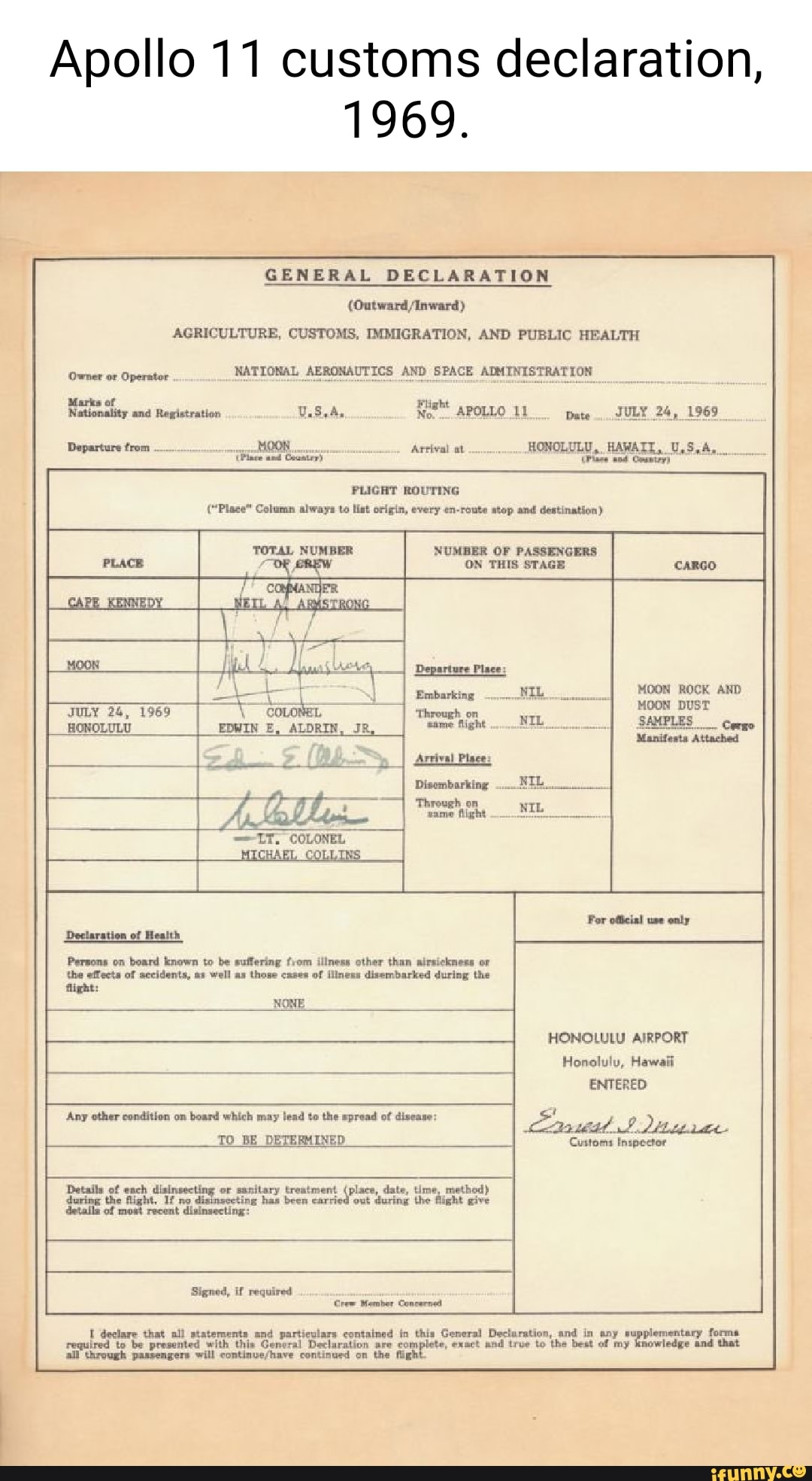 Apollo 11 Customs Declaration 1969 GENERAL DECLARATION Outward