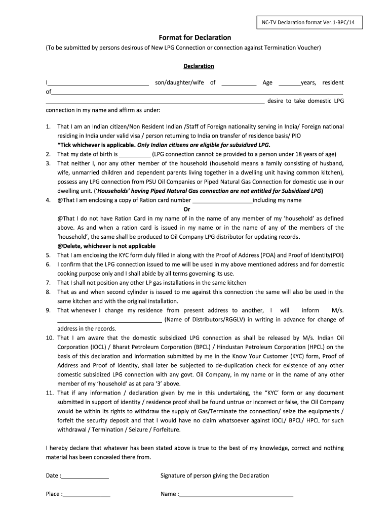 Bharat Gas Format For Declaration 2014 2021 Fill And Sign Printable 