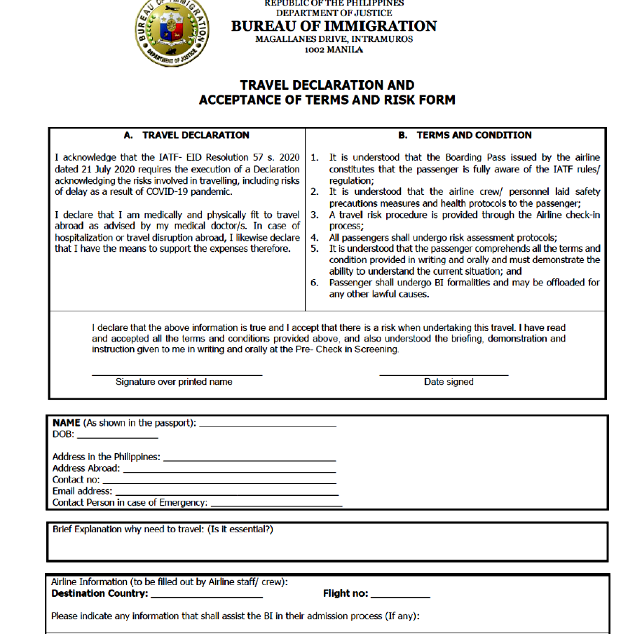 Bureau Of Immigration s Travel Declaration Form Philippines VisaJourney