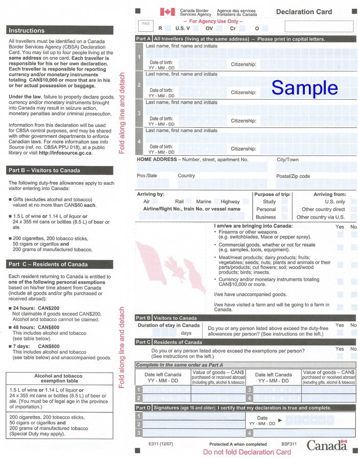 Canada Customs Form