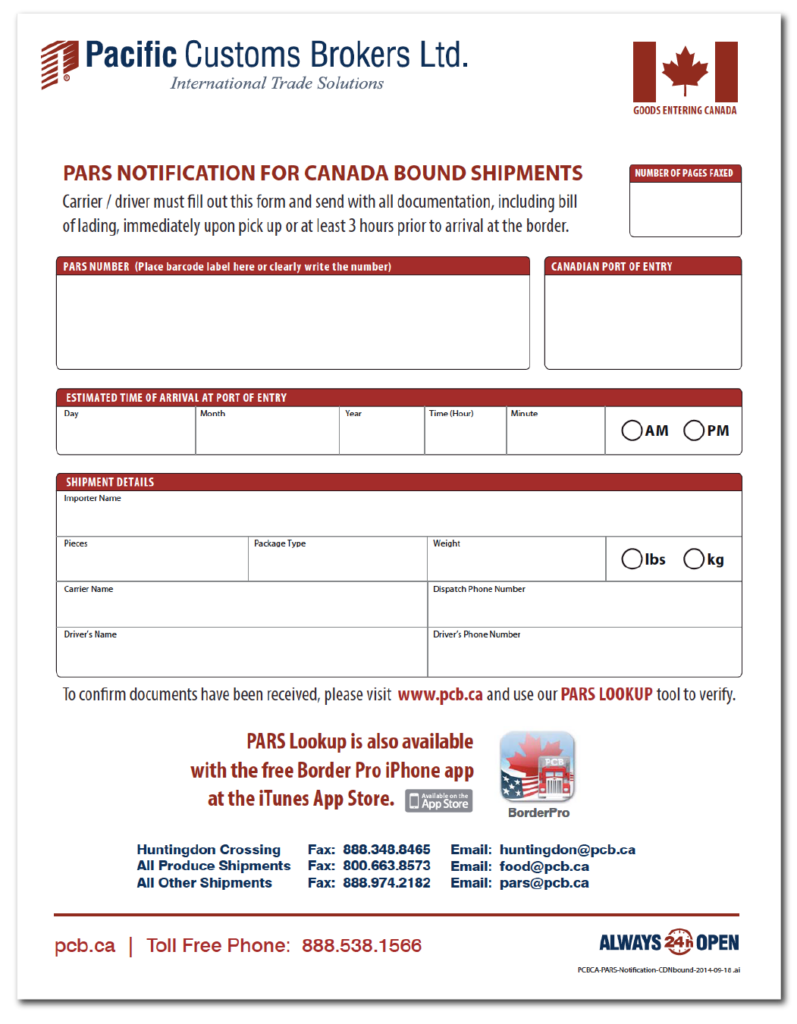 Canada Customs Form