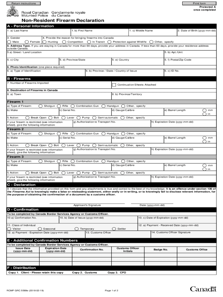 Canada Non Resident Firearm Declaration Form Fill Out And Sign