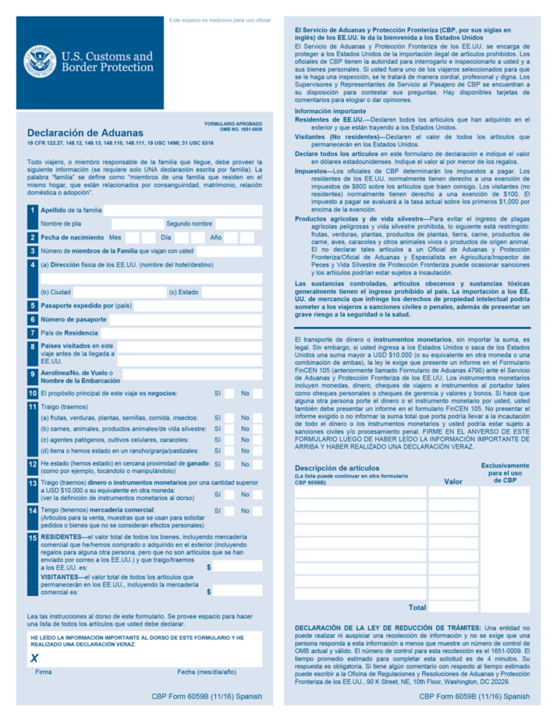 CBP Formulario 6059B Download Fillable PDF Or Fill Online Declaracion 