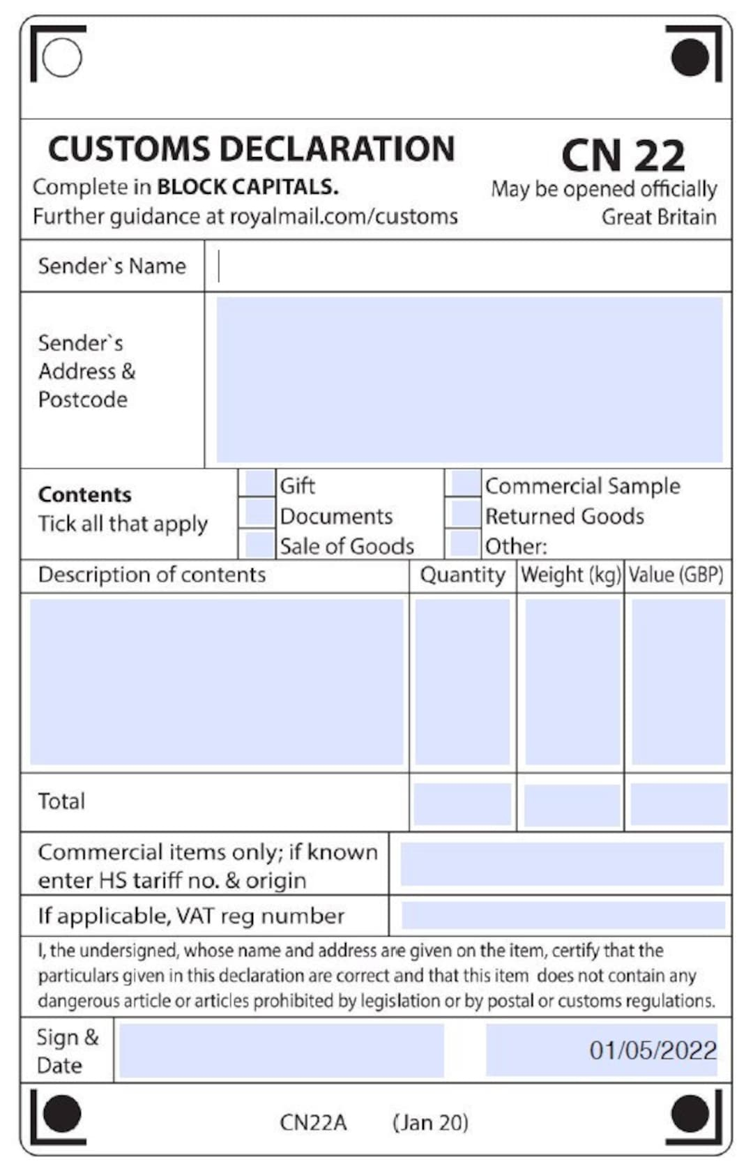 CN22 SELF ADHESIVE CUSTOMS DECLARATION FORM LABEL STICKER ROLL FOR 