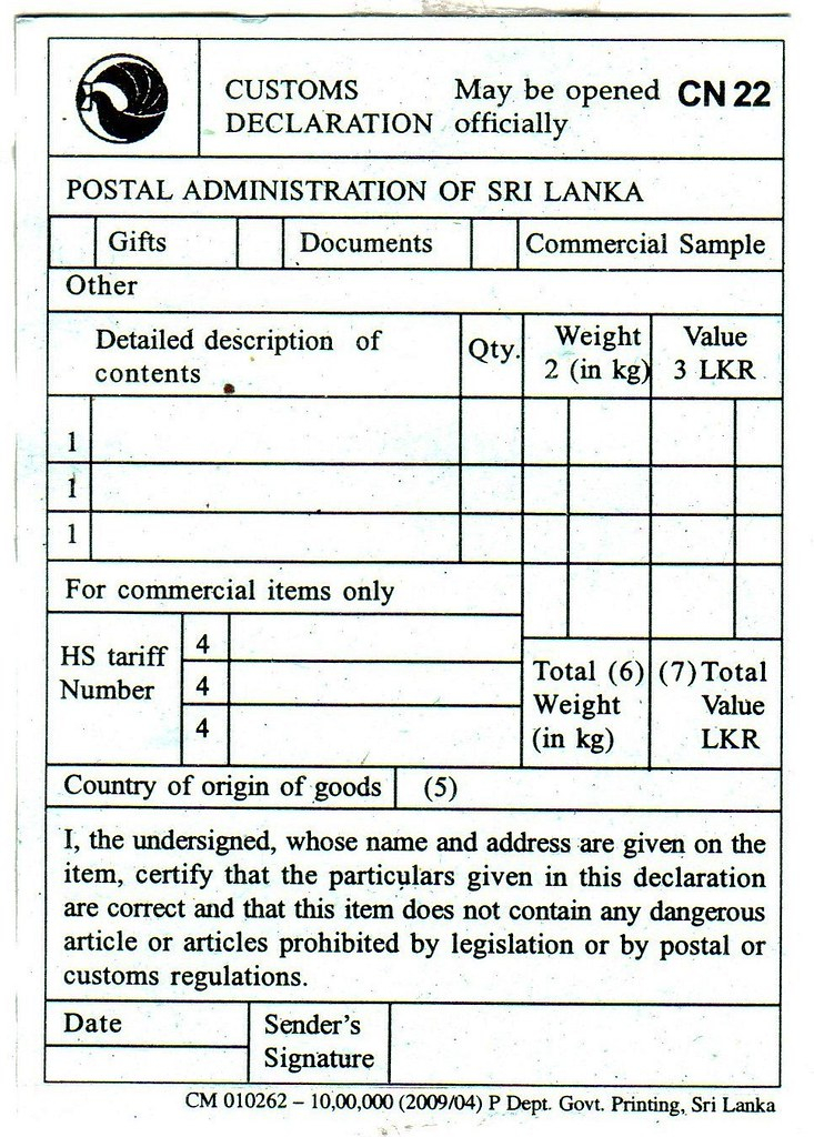 CN22 Sri Lanka My CN22 Customs Declaration Sticker From Sr Flickr