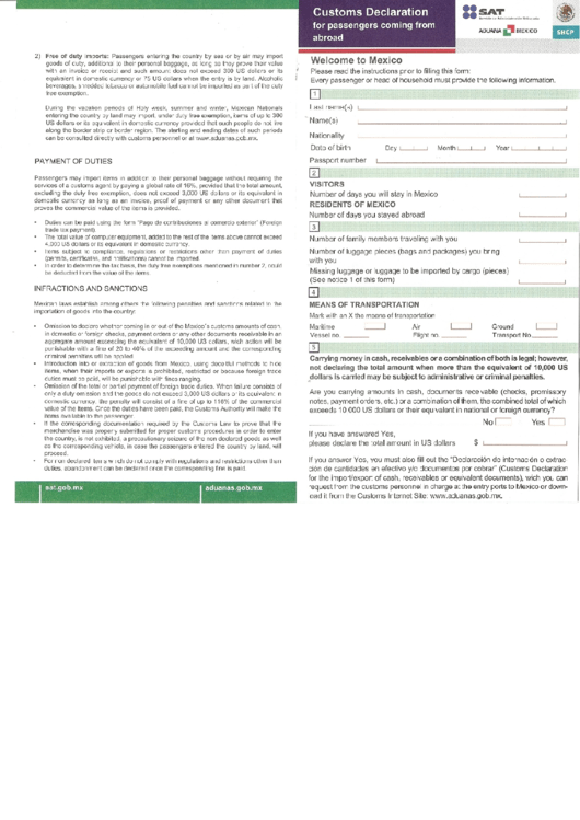 Customs Declaration For Passengers Coming From Abroad Mexico 