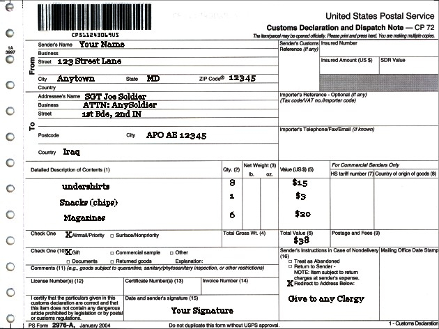 Customs Form 2976 A For AnySoldier