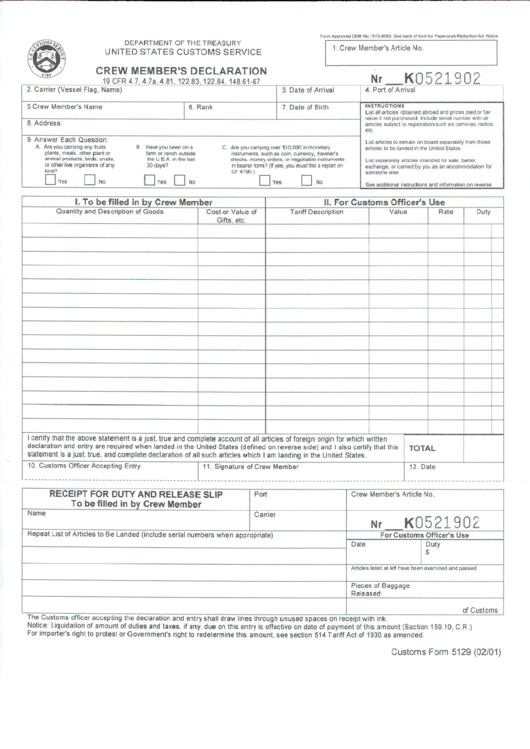 Customs Form 5129 Crew Member S Declaration Printable Pdf Download