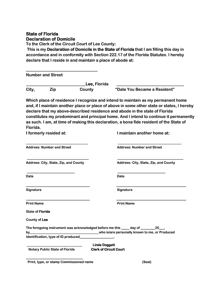 Declaration Of Domicile Lee County Form Fill Out And Sign Printable 