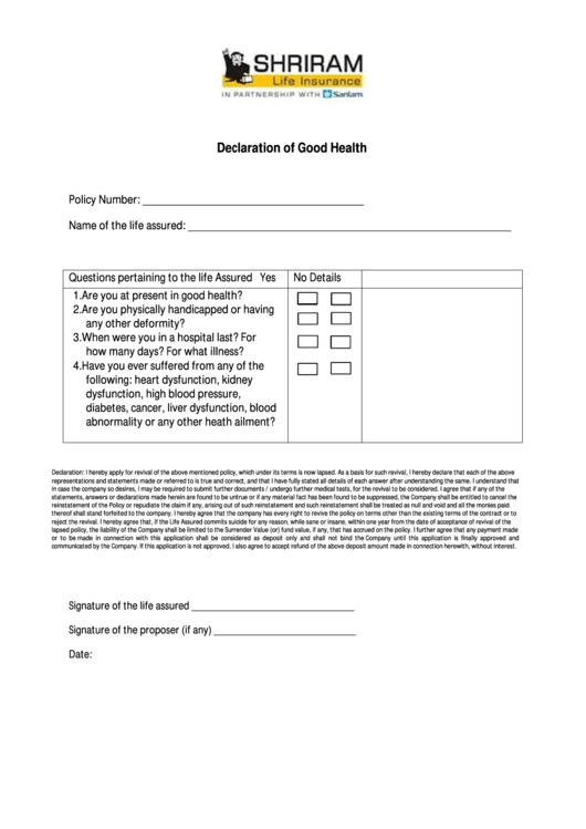 Declaration Of Good Health Form Printable Pdf Download