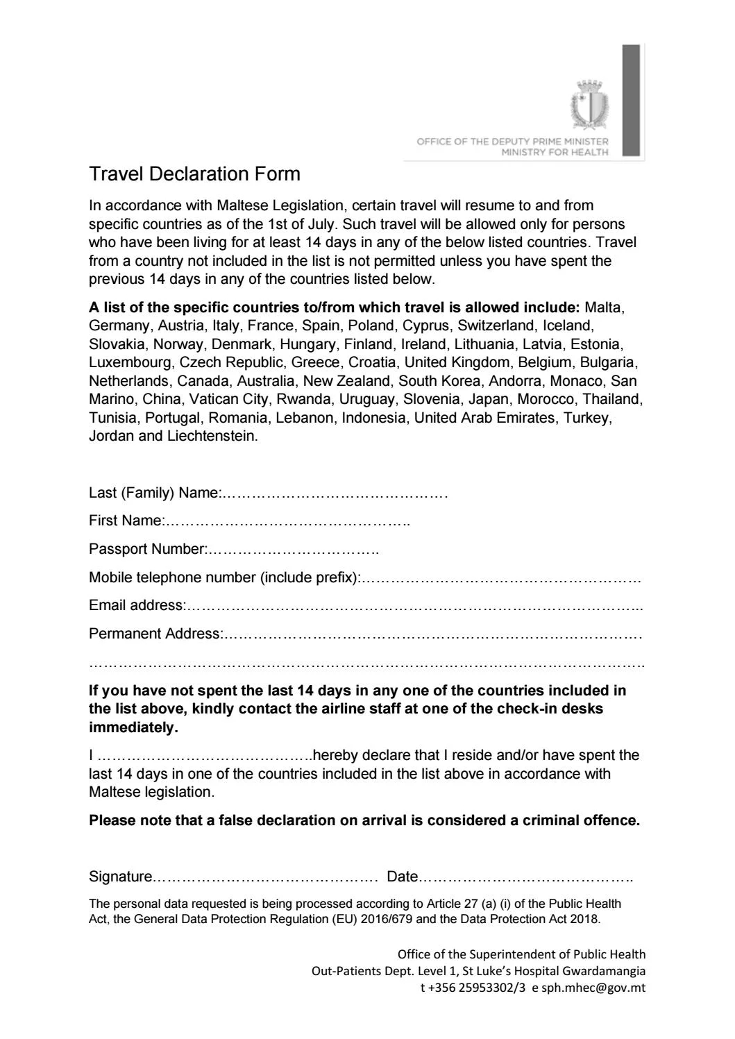 ES MALTA 2 Public Health Travel Declaration Form 2020 RZA updated By 