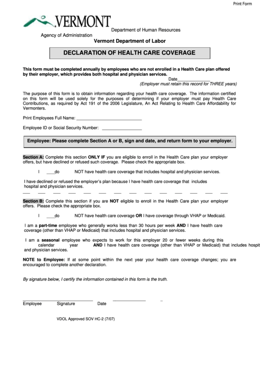 Fillable Form Hc 2 Declaration Of Health Care Coverage Printable Pdf 