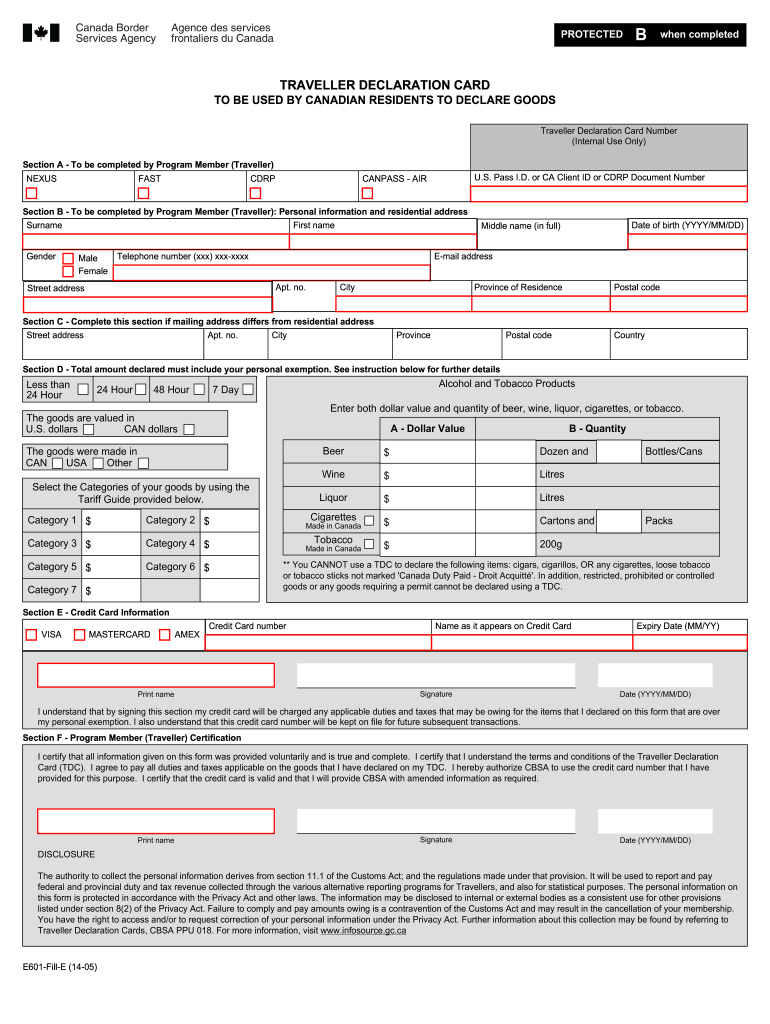 Fillable Online Cbsa asfc Gc Traveller Declaration Card To Be Used By