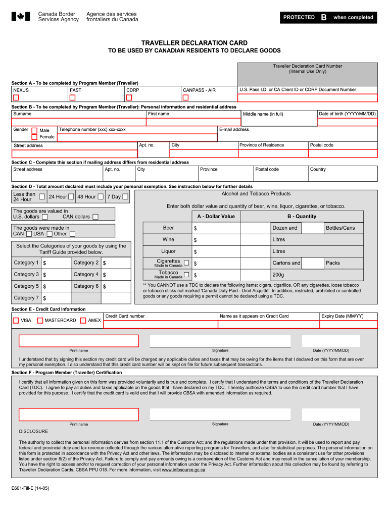 Fillable Online Cbsa asfc Gc Traveller Declaration Card To Be Used By 