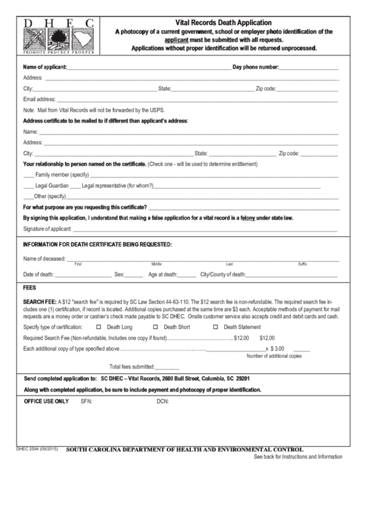 Fillable Vital Records Death Application Form Printable Pdf Download