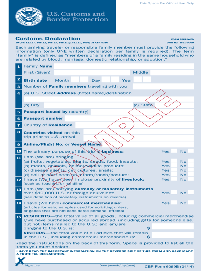 Form 6059b Customs Declaration Fillable Printable Forms Free Online