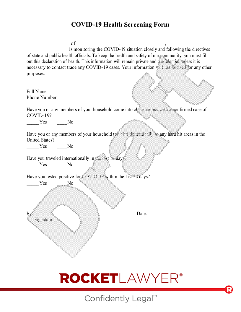 Free COVID 19 Health Screening Form Rocket Lawyer