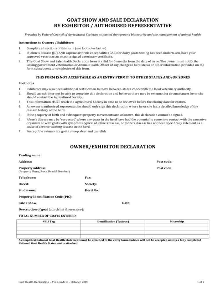 Goat Herd Health Status Declaration For Shows And Sales