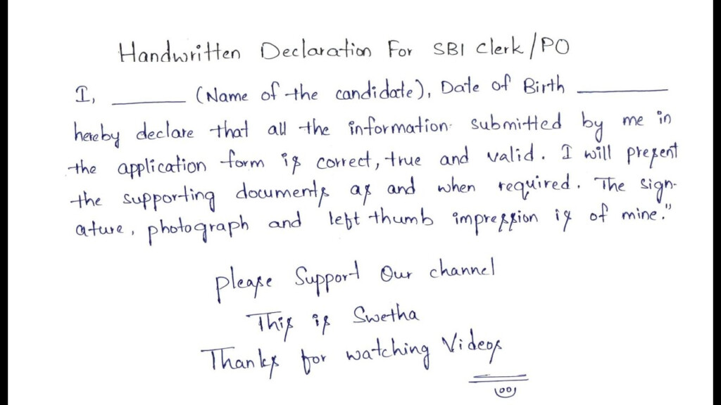 Handwriting Handwritten Declaration For SBI Clerk SBI PO IBPS 