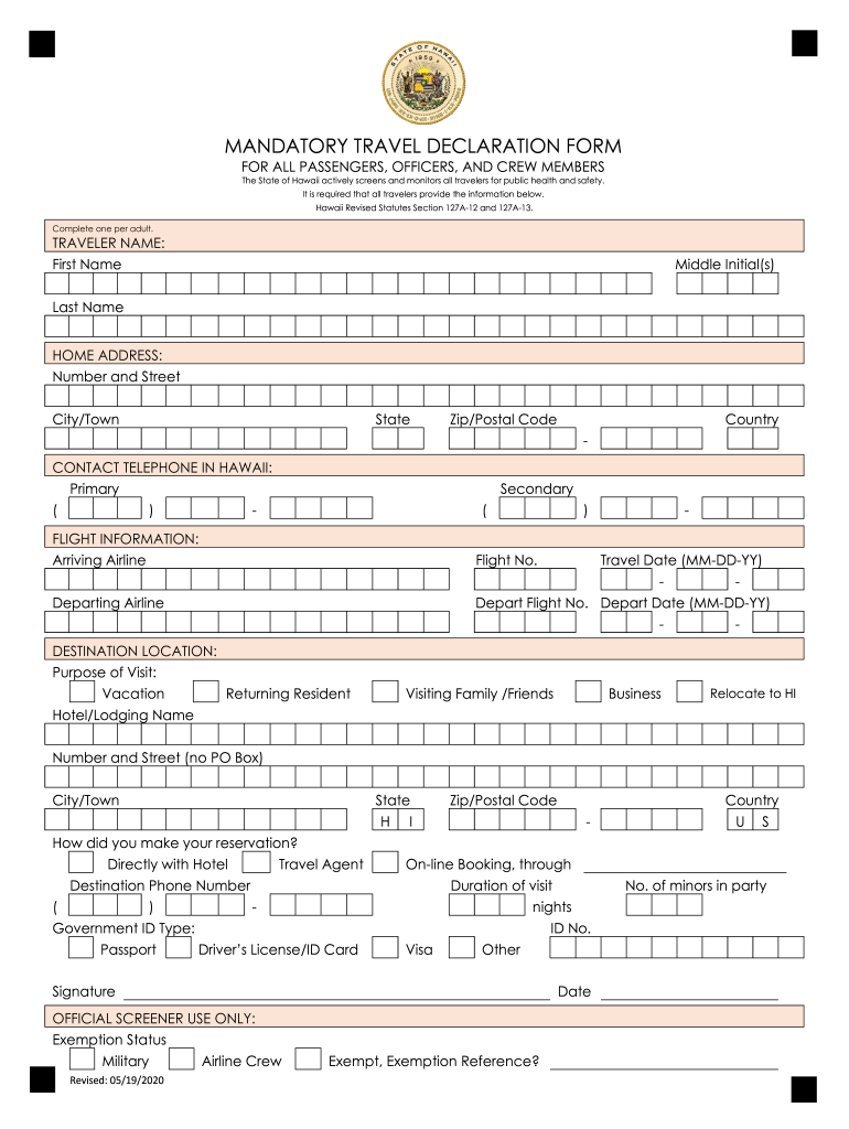 Hawaii Travel Declaration Form Fill Online Printable Fillable 