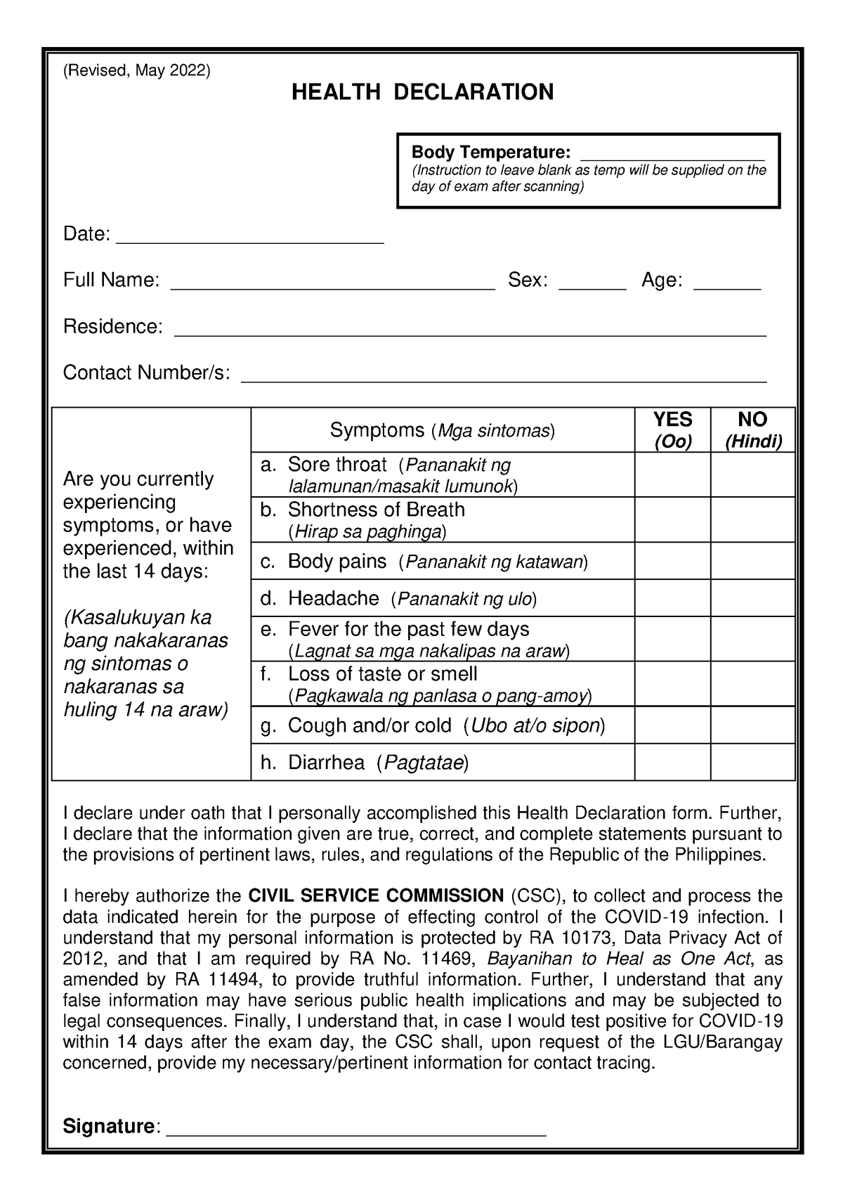 Health Declaration Form 2022 05 revised A5 A 07 22 Revised May