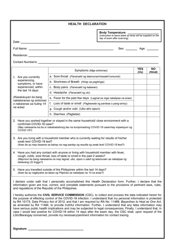 Health Declaration Form Philippines 2023 Printable Forms Free Online