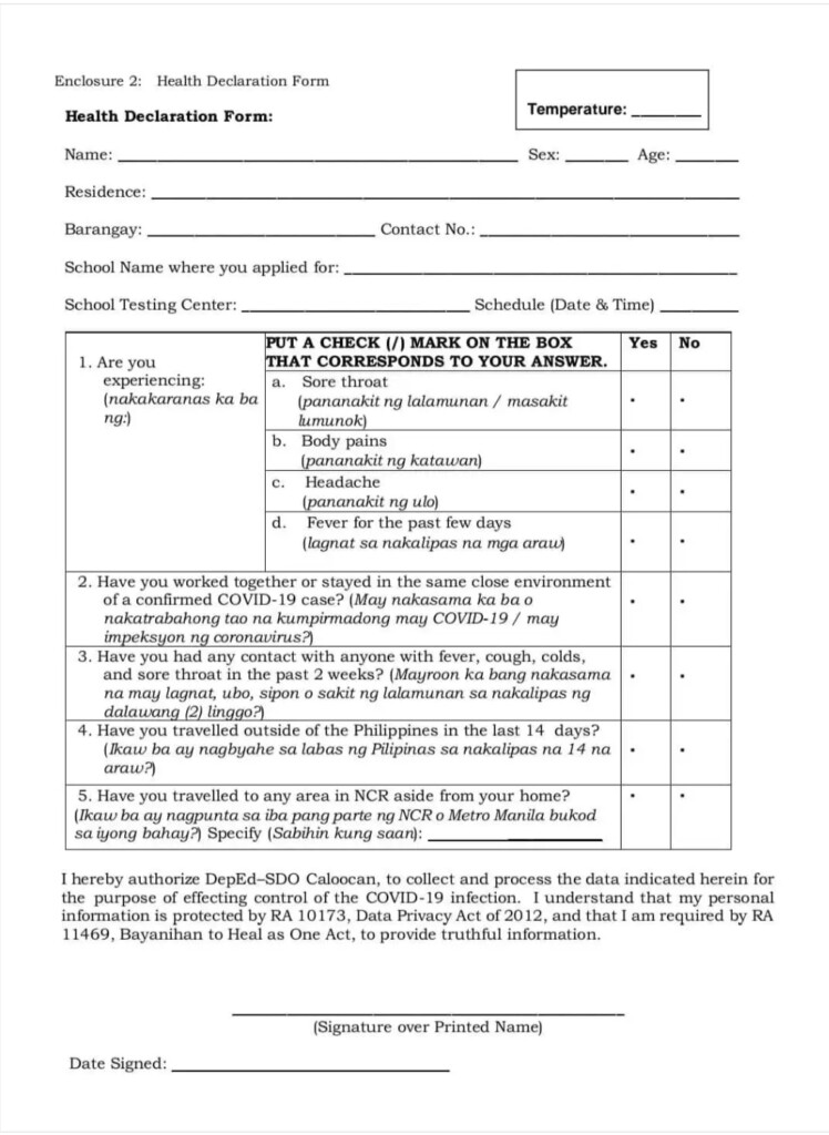 HEALTH DECLARATION FORM SAMPLE