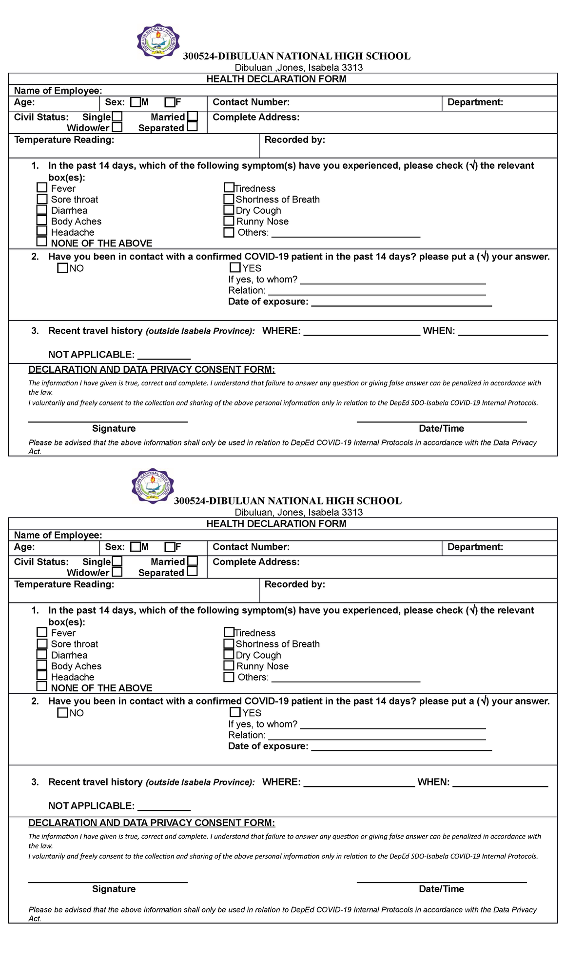 Health Declaration Form Tagalog