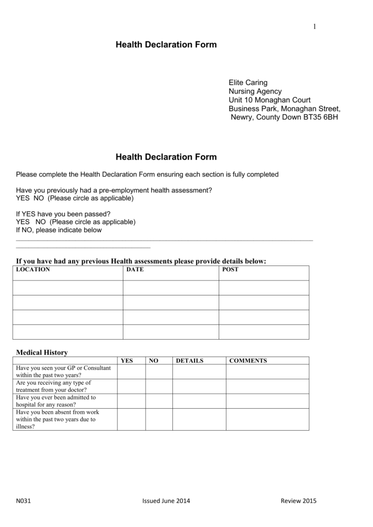 Health Declaration Form Template