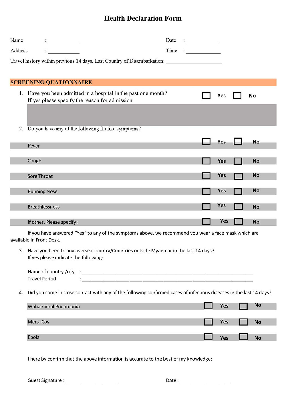 Health Declaration Form Template