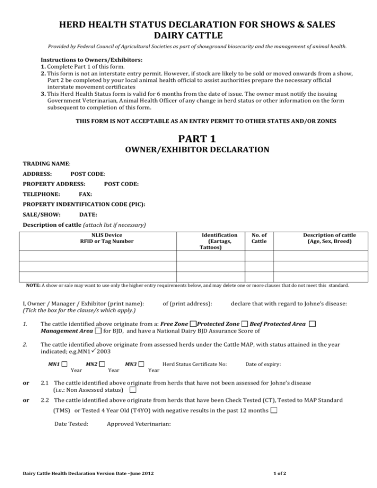 Herd Health Status Declaration For Shows Sales