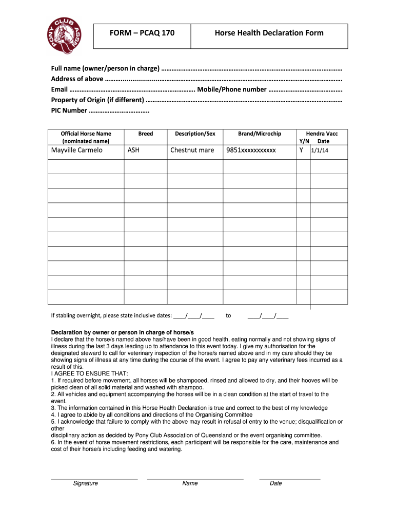 Horse Health Declaration Form Fill Out And Sign Printable PDF 