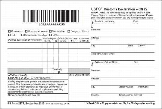 IMM Revision Revised PS Form 2976 Customs Declaration CN 22 Sender