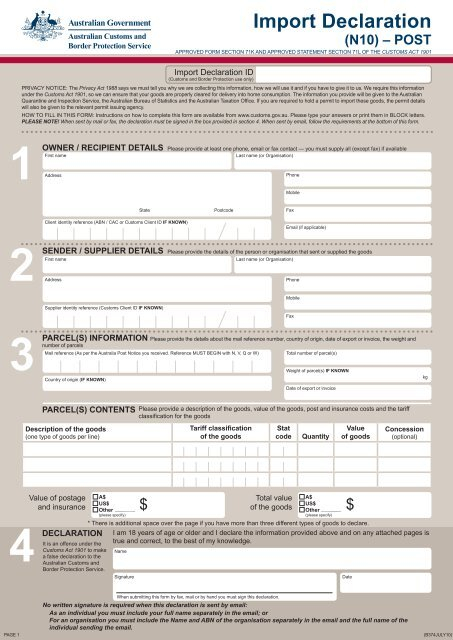 Import Declaration N10 Post Australian Customs Service