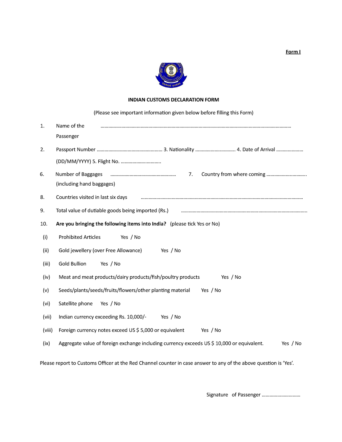 Indian Customs Declaration Form Sample Form I INDIAN CUSTOMS 