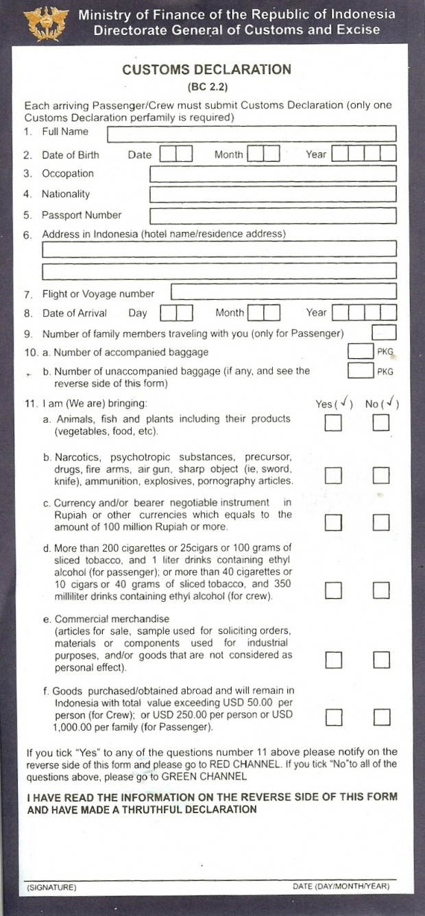 Indonesia Custom Declaration Form Front Bali In A Nutshell