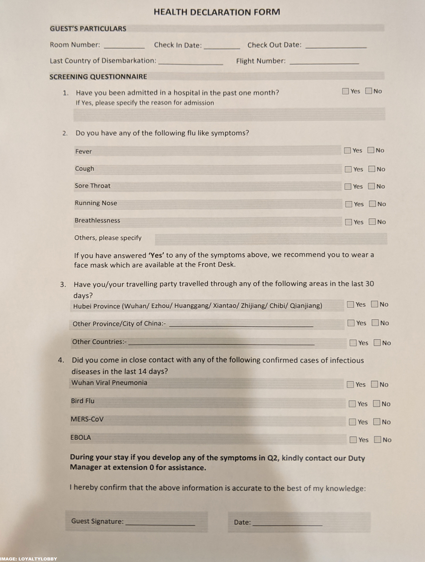 InterContinental Singapore Health Declaration Form LoyaltyLobby