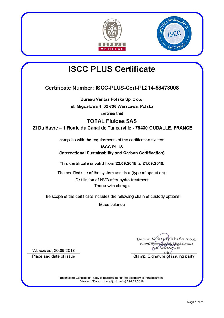 ISCC Plus Certification TotalEnergies Fluids