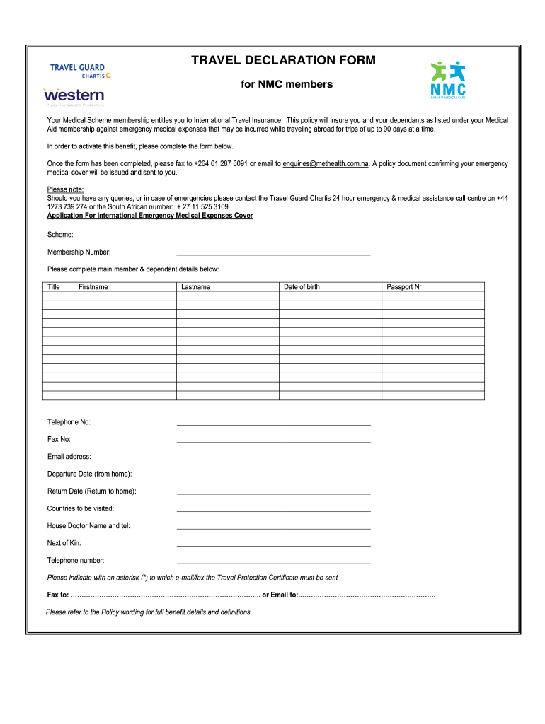 NA Travel Declaration Form For NMC Members Fill And Sign Printable 