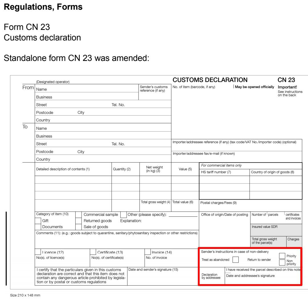 New Format CN 23 Custom Declaration Form W e f 1st July 2020