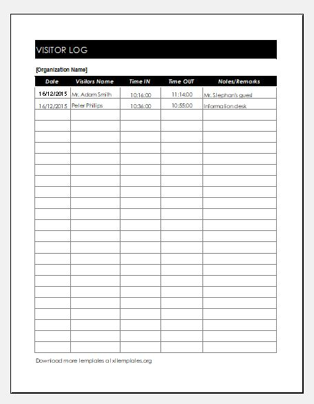 Office Visitor Form Log Templates For Excel Excel Templates