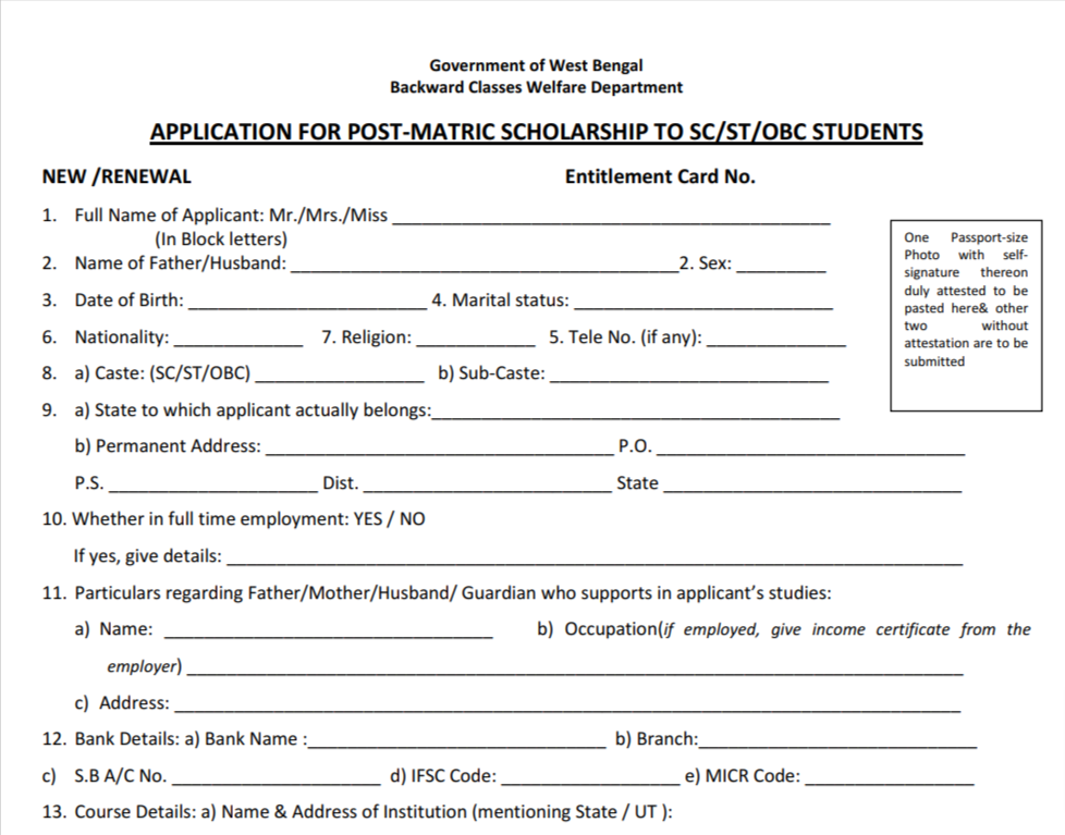 PDF WB Post Matric Scholarship Application Form PDF DCSD IN