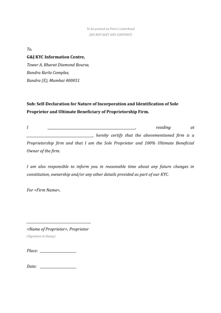 Properitorship Self Declaration To Be Printed On Firm s Letterhead 
