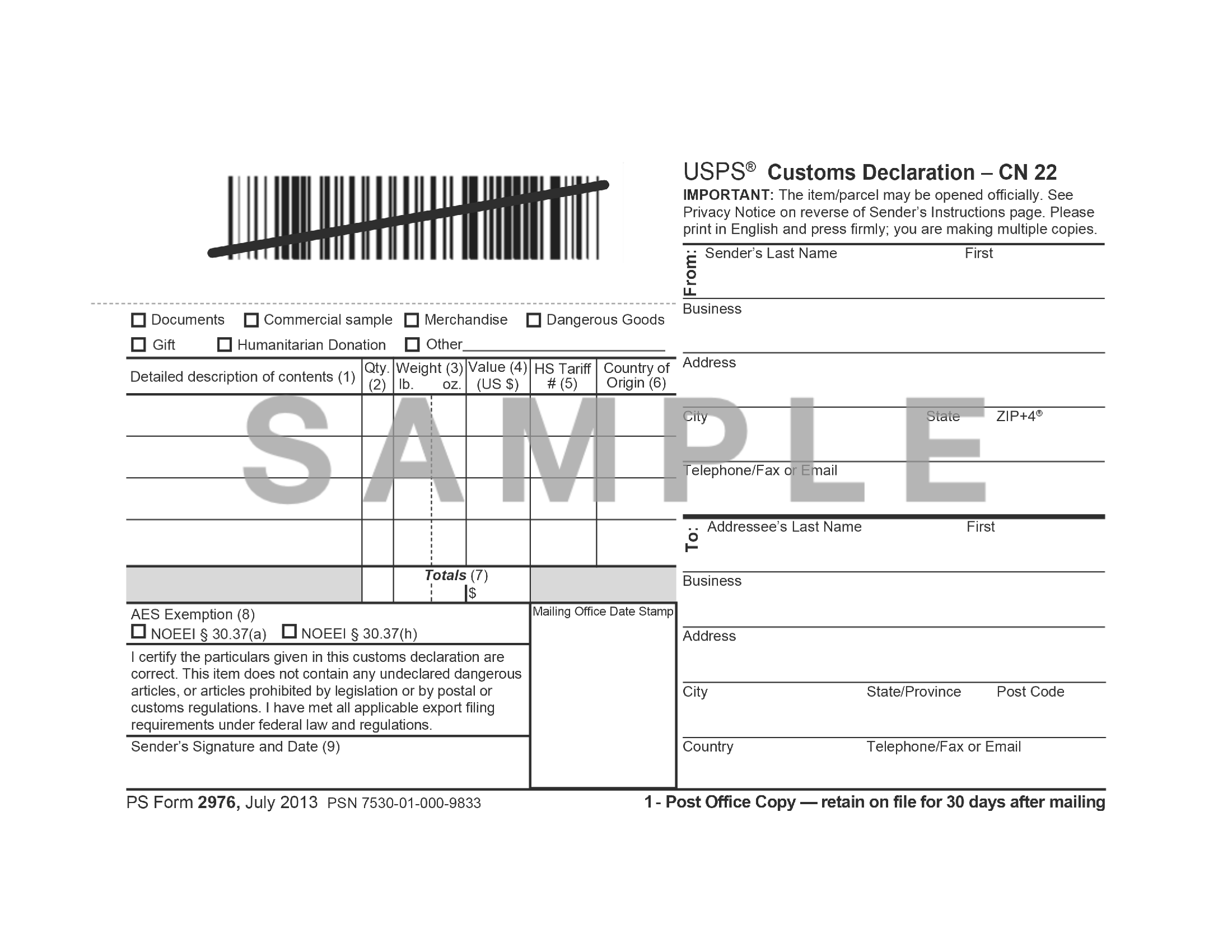 PS Form 2976 Customs Declaration CN 22 Forms Docs 2023