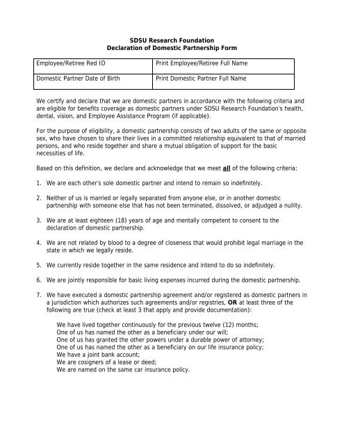 SDSURF Declaration Of Domestic Partnership Form